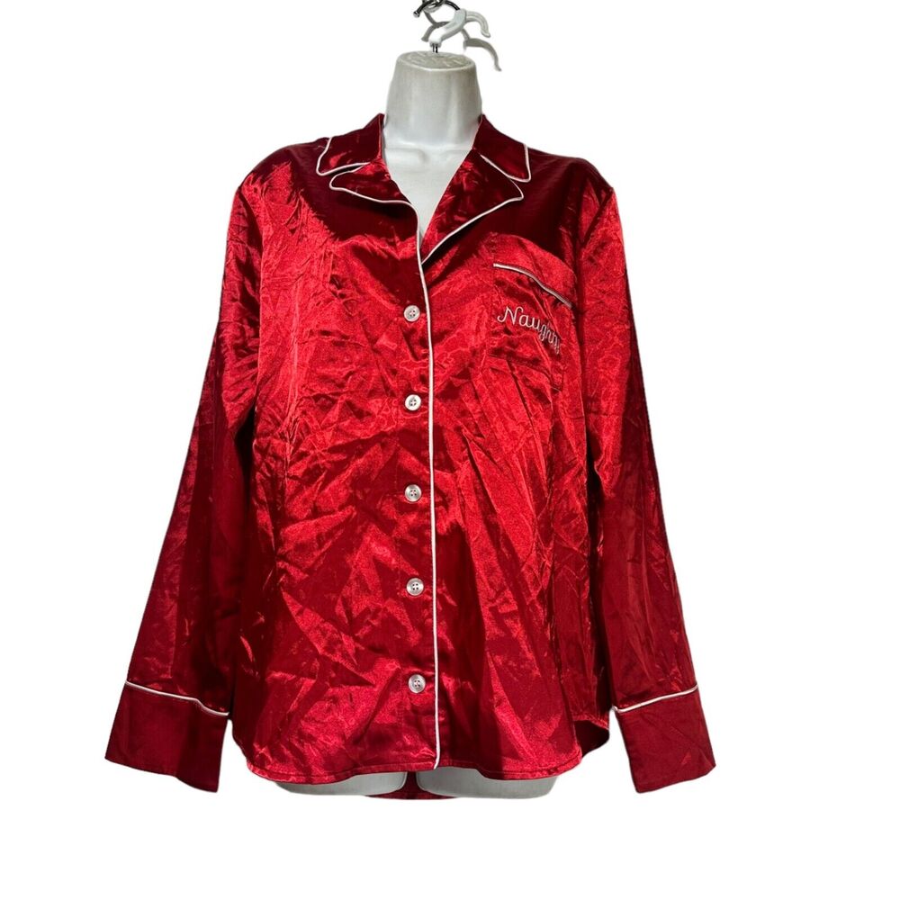 Show me your Mumu Red Naughty Embroidered Button Up long Sleeve Pajama Top XS